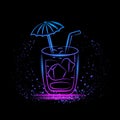 Neon linear cocktail logo on black background. Blue and purple neon bar sign for beach party or summer vacation banner