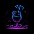 Neon linear cocktail logo on black background. Blue and purple neon bar sign for beach party or summer vacation banner