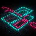 Neon lines form abstract circuit patterns on a dark grid background. The lines are Royalty Free Stock Photo