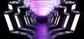 Neon Lines Futuristic Purple  Sci Fi Spaceship Glowing White Blue Metal Reflective Concrete Floor Corridor Tunnel Hallway Entrance Royalty Free Stock Photo