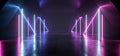 Neon Lines Tube Lights Futuristic Sci Fi Glowing Purple Blue Vibrant Laser Beams Showroom Concrete Dark Empty Background Tunnel Royalty Free Stock Photo