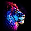 Neon lion set against a dramatic black background.