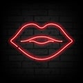 Neon lips on brick wall vector illustration.