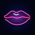 Neon Lips. Fashion sign. Night light signboard, Glowing banner. Summer emblem. Female kiss. Club Bar logo on dark