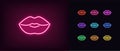 Neon lips icon. Glowing neon kiss sign, outline woman lips pictogram