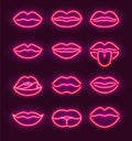 Neon lips kiss sign outline. Purple red sex day vector neon beauty background glow mouth