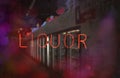 Neon Liquor Sign in Wet Rainy Store Window