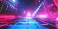 Neon-lit abstract futuristic corridor with a triangular glow in the distance Royalty Free Stock Photo
