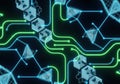 Neon-lit abstract network of interconnected digital nodes and pathways Royalty Free Stock Photo
