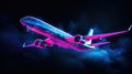 Neon-Lit Airplane in Flight Royalty Free Stock Photo