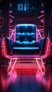 Neon lit ambiance A chair in a dim room glows with intrigue