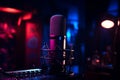Neon lit ambiance sets the stage for a studio microphones elegance