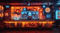 Neon Lit Bar with Robot Bartender in Futuristic Retro Setting