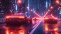 Neon-lit cityscape with a few cars driving down a street Royalty Free Stock Photo