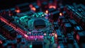 Neon-Lit Computer Motherboard with Circuit Tracks and Chips Royalty Free Stock Photo