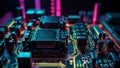 Neon-Lit Computer Motherboard with Circuit Tracks and Chips Royalty Free Stock Photo