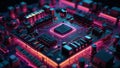 Neon-Lit Computer Motherboard with Circuit Tracks and Chips Royalty Free Stock Photo