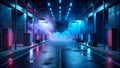 Neon-Lit Corridor, Trailing Smoke, Misty Night