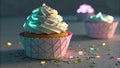 Neon-lit cupcake with colorful sprinkles, 3D render Royalty Free Stock Photo
