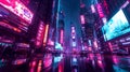Neon-lit Cyberpunk Metropolis at Night./n Royalty Free Stock Photo