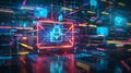 Neon lit cybersecurity scene encrypted email concept with padlock symbol on digital network