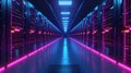 Neon-Lit Data Center Aisle with Server Racks Royalty Free Stock Photo