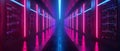 Neon-Lit Data Center Corridor: Future of Blockchain Technology. Concept Technology Trends,