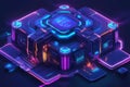 A neon-lit digital fortress built from massive interconnected hexagonal towers. The ultra-secure