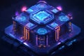 A neon-lit digital fortress built from massive interconnected hexagonal towers. The ultra-secure