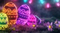 Neon-lit Easter eggs emit vibrant glow among spring flowers, casting a magical aura in a mystical garden setting.