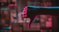a neon lit hand giving a thumbs down gesture against a blurred background - generated using ai Royalty Free Stock Photo