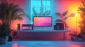 Neon-lit home office workspace with tropical plants Royalty Free Stock Photo
