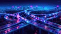 Neon-lit, intricate highway overpasses in a futuristic city at night. Royalty Free Stock Photo