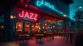 Neon-lit Jazz Cafe Entrance at Twilight with Patrons Inside