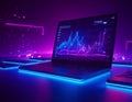 Neon Lit Laptop Displaying Data Analytics Graphs in a Futuristic Workspace