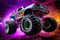 Neon-Lit Monster Truck in Action in Mid-Air Royalty Free Stock Photo