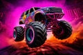 Neon-Lit Monster Truck in Action in Mid-Air Royalty Free Stock Photo