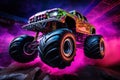 Neon-Lit Monster Truck in Action in Mid-Air Royalty Free Stock Photo