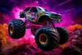 Neon-Lit Monster Truck in Action in Mid-Air Royalty Free Stock Photo