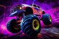 Neon-Lit Monster Truck in Action in Mid-Air Royalty Free Stock Photo