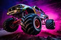 Neon-Lit Monster Truck in Action in Mid-Air Royalty Free Stock Photo