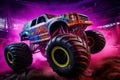 Neon-Lit Monster Truck in Action in Mid-Air Royalty Free Stock Photo