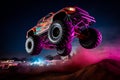 Neon-Lit Monster Truck Mid-Air at Night Show Royalty Free Stock Photo