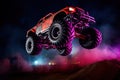 Neon-Lit Monster Truck Mid-Air at Night Show Royalty Free Stock Photo