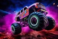 Neon-Lit Monster Truck Mid-Air at Night Show Royalty Free Stock Photo