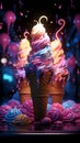 Neon lit paradise savoring creamy ice cream in vibrant, sugary hues