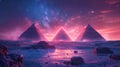 Neon lit pyramids under starry sky - generative ai Royalty Free Stock Photo