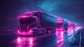 Neon-Lit Semi-Trucks Driving on a Wet Road at Night Royalty Free Stock Photo