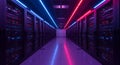 Neon-lit Server Room: Data Center Infrastructure, High-Tech Network, Cybersecurity, Cloud Computing