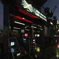 a neon lit sign for an electronic entertainment store is lit up, 3d rendering